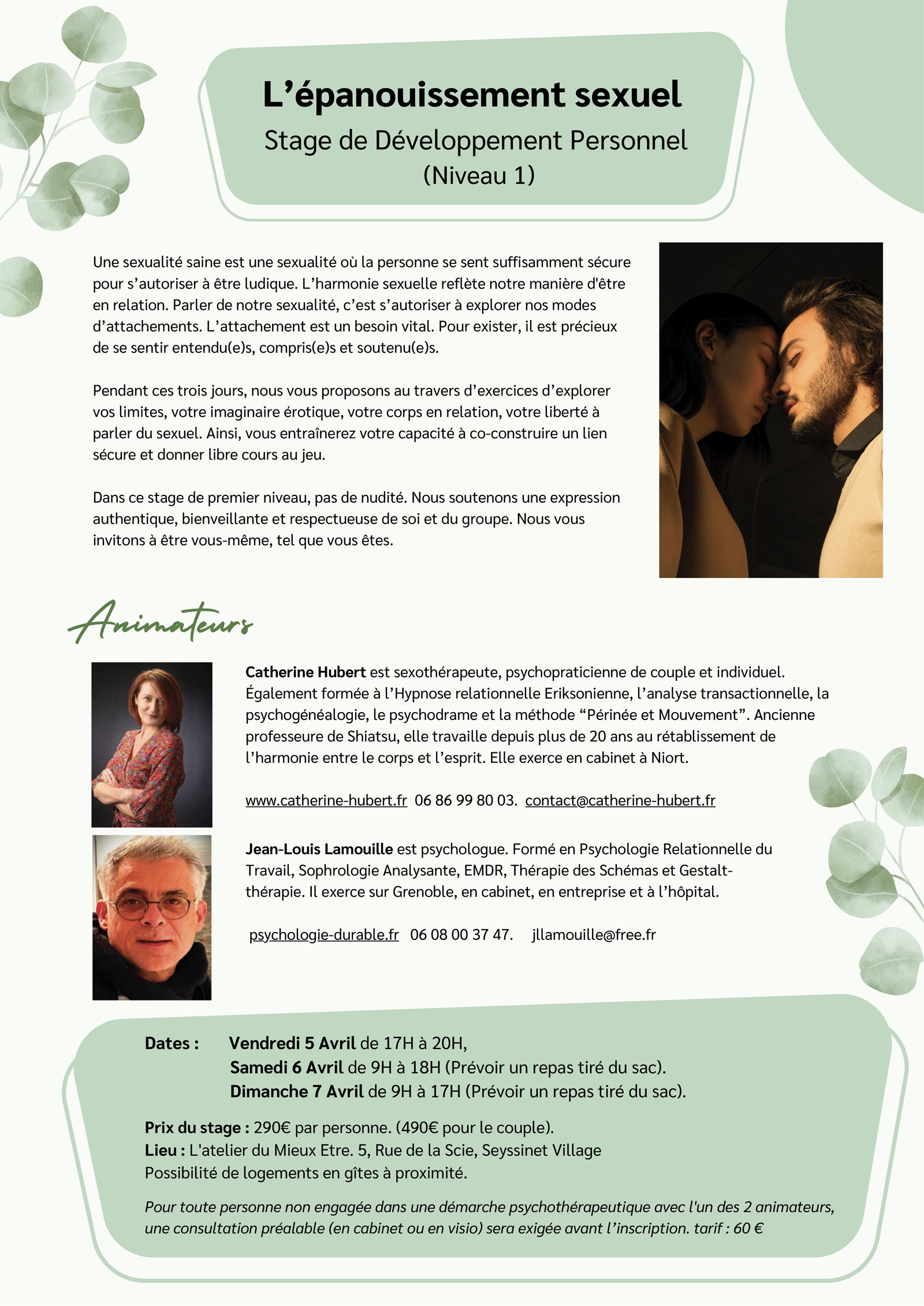 Flyer pour un stage de sexologie à Grenoble, organisé par un sexologue les 5, 6, et 7 avril 2024
